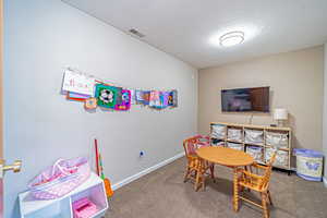 Rec room with carpet floors, visible vents, a textured ceiling, and baseboards