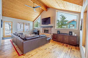 Living area featuring lofted ceiling with beams, wooden ceiling, and light wood-style floors