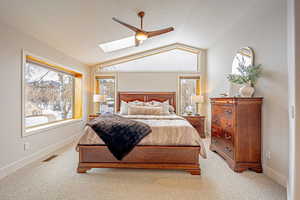 Bedroom featuring vaulted ceiling with skylight, visible vents, baseboards, and light colored carpet