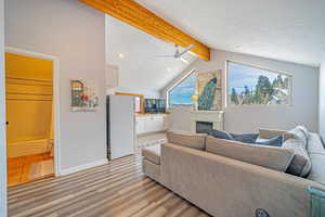 Living area featuring a textured ceiling, light wood-type flooring, plenty of natural light, and a glass covered fireplace