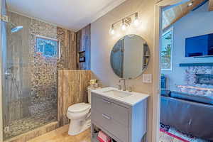 Full bath featuring a stall shower, vanity, and toilet