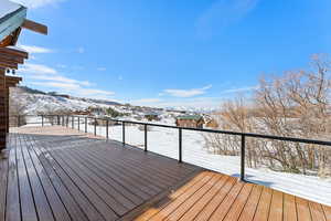 Snow covered deck with a mountain view