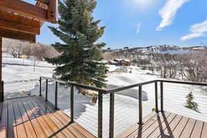 Snow covered deck with a mountain view