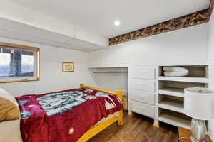 Bedroom with dark wood-style floors