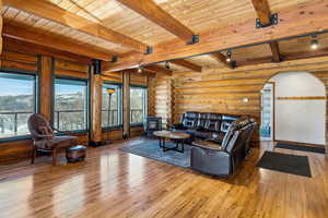 Living area featuring rustic walls, rail lighting, wood ceiling, a wood stove, and hardwood / wood-style floors