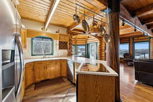 Kitchen featuring appliances with stainless steel finishes, open floor plan, a peninsula, light countertops, and a sink