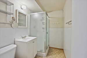 Bathroom with toilet, a stall shower, and vanity