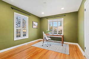 Office featuring recessed lighting, wood finished floors, and baseboards