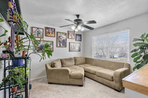 Living room featuring light carpet, ceiling fan, a textured ceiling, and baseboards