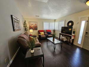 Living room with a wealth of natural light, a textured ceiling, baseboards, and dark wood-type flooring