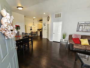 Dining area featuring baseboards, visible vents, dark wood-type flooring, a textured ceiling, and recessed lighting