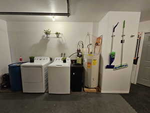 Laundry area featuring washing machine and dryer and water heater