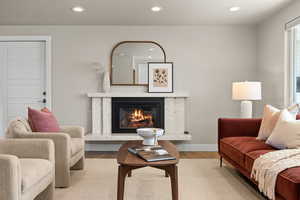 Living room featuring baseboards, light wood finished floors, a premium fireplace, and recessed lighting