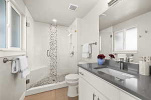 Full bath with toilet, a shower stall, visible vents, and vanity