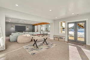 Game room with baseboards, french doors, visible vents, and recessed lighting