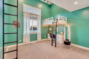 Unfurnished bedroom with carpet floors, recessed lighting, and baseboards