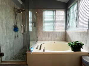 Bathroom with lofted ceiling, a healthy amount of sunlight, a shower stall, and a bath