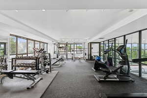 Exercise room with a textured ceiling