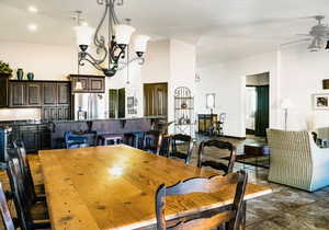 Dining room featuring ceiling fan with notable chandelier