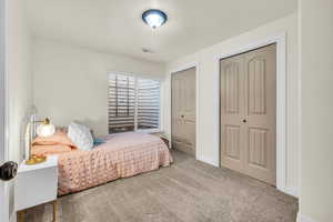 Bedroom 5 featuring carpet flooring, and multiple closets