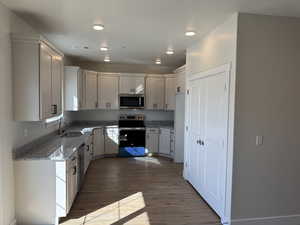 Kitchen featuring light stone counters, stainless steel appliances, dark wood-type flooring, a sink, and white cabinets