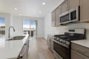 Kitchen with light wood-style flooring, appliances with stainless steel finishes, light countertops, a sink, and recessed lighting