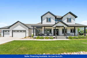 Modern farmhouse style home featuring covered porch, driveway, an attached garage, and a front yard