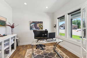 Office with recessed lighting, hardwood / wood-style floors, and baseboards