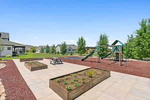 Communal playground with a patio area, a residential view, and a lawn