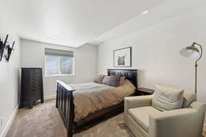 Bedroom featuring recessed lighting, light colored carpet, and baseboards