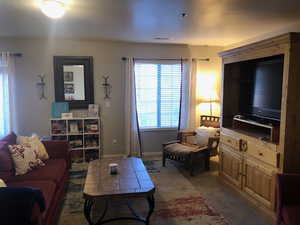 Carpeted living room featuring visible vents