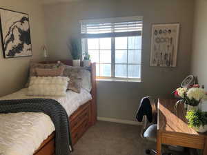 Bedroom featuring carpet floors and baseboards