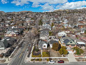 Drone / aerial view with a residential view and a mountain view