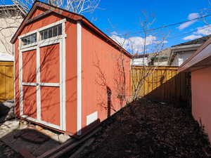 View of shed with a fenced backyard