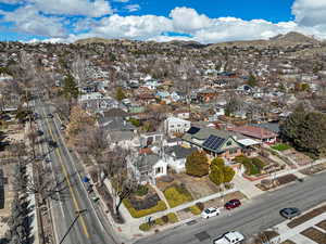 Drone / aerial view with a residential view and a mountain view