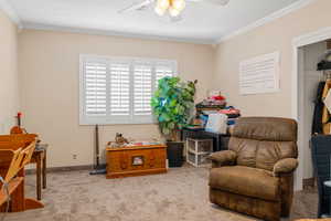 Sitting room featuring ceiling fan, crown molding, and light carpet