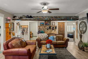 Living room with ornamental molding, ceiling fan, and light hardwood / wood-style flooring