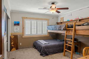 Bedroom featuring light colored carpet, a textured ceiling, and ornamental molding