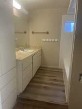 Bathroom with hardwood / wood-style floors and vanity