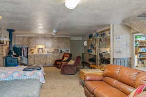 Interior space featuring a wood stove and a textured ceiling