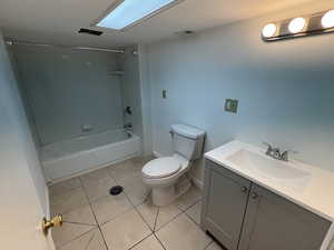 Bathroom with shower / bathtub combination, tile patterned flooring, toilet, visible vents, and vanity