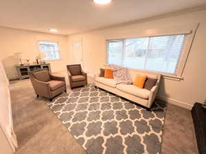 Carpeted living room featuring a wealth of natural light, crown molding, and baseboards