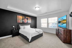 Bedroom featuring a tray ceiling, light colored carpet, visible vents, and baseboards