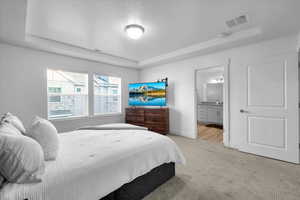 Bedroom with a raised ceiling, light colored carpet, visible vents, connected bathroom, and baseboards