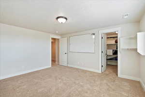 Unfurnished bedroom with light carpet, baseboards, a spacious closet, a textured ceiling, and a closet