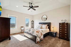 Bedroom featuring baseboards, carpet, visible vents, and recessed lighting