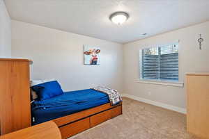 Bedroom featuring baseboards, a textured ceiling, visible vents, and light colored carpet