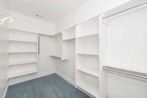 Walk in closet with visible vents and dark carpet