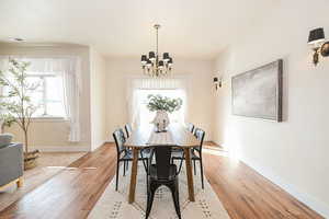 Dining space featuring light wood-style floors, visible vents, baseboards, and an inviting chandelier