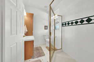 Bathroom with toilet, a stall shower, visible vents, and vanity